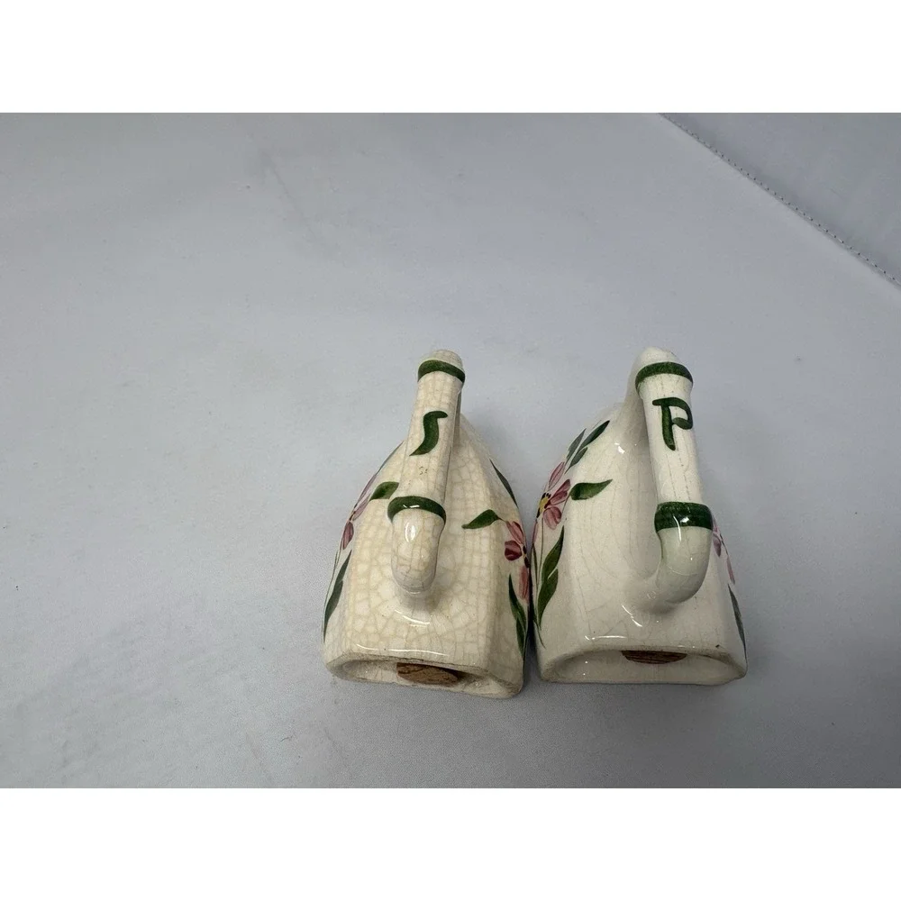 Vintage 50s Hand Painted Floral Ceramic Sad Iron Salt and Pepper Shakers Kitsch